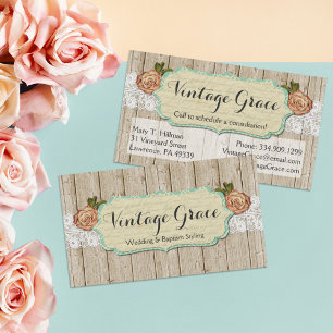 Carte De Visite Roses chic Shabby sur bois rustique et dentelle Vi