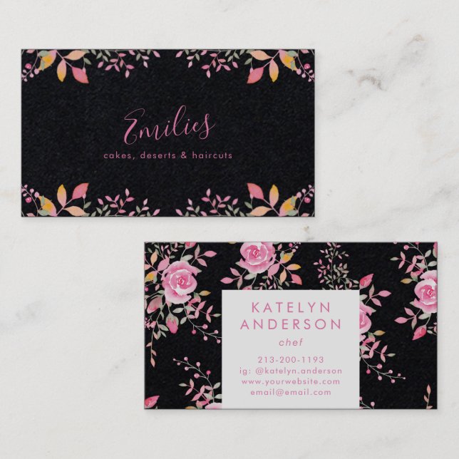 Carte De Visite Roses d'aquarelle biologique noire de qualité supé (Devant / Derrière)