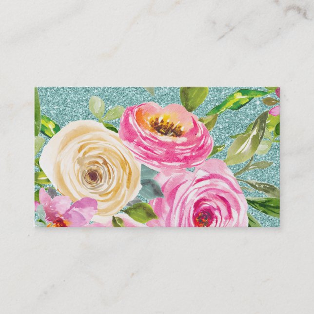 Carte De Visite Roses d'aquarelle en Parties scintillant Aqua rose (Devant)