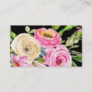 Carte De Visite Roses d'aquarelle en rose et crème sur noir
