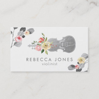 Carte De Visite roses d'aquarelle et buine violoniste de feuillage