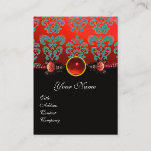 CARTE DE VISITE ROSES DE CORAIL ROUGE, AQUA BLUE BLACK DAMASK MONO