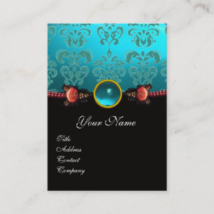 CARTE DE VISITE ROSES DE CORAIL ROUGE, AQUA BLUE BLACK DAMASK MONO