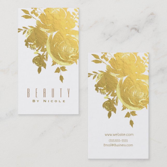 Carte De Visite Roses d'or Faux Foil Elégant Mariage floral modern (Devant / Derrière)
