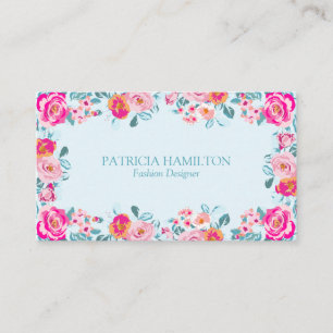 Carte De Visite Roses Florales Vintage Vibrantes sur Fond Menthe