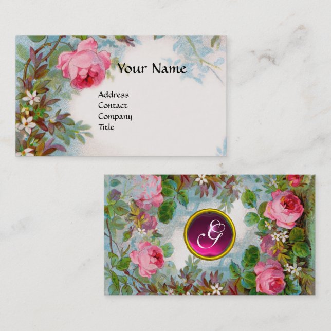 Carte De Visite ROSES, JASMINES EN BLEU, ROSE GEM MONOGRAM Blanc (Devant / Derrière)