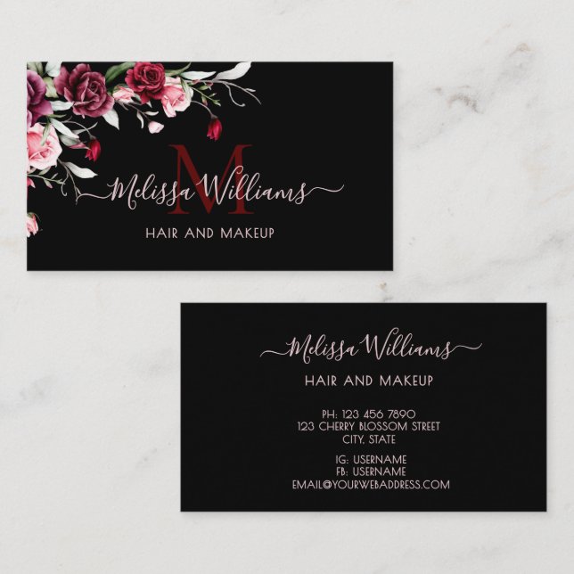 Carte De Visite Roses Monogramme Aquarelle Noir (Devant / Derrière)