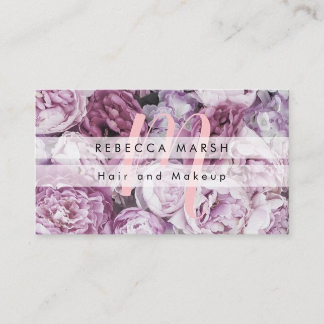 Carte De Visite Roses Pivoine Rose Floral Monogramme Script (Devant)