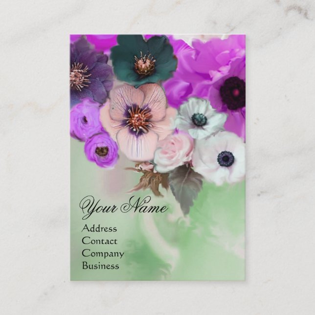 CARTE DE VISITE ROSES POURPRES BLANCHES ET FLEURS D'ANÉMONE MONOGR (Devant)