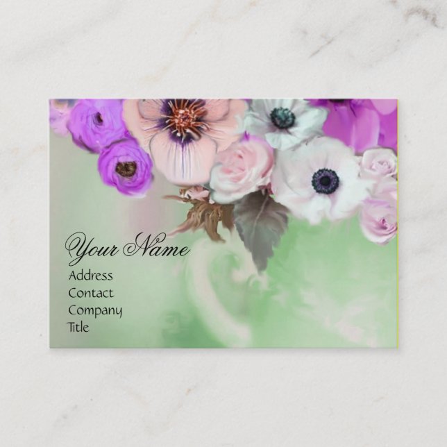 CARTE DE VISITE ROSES POURPRES BLANCS ET FLEURS D'ANÉMONE MONOGRAM (Devant)