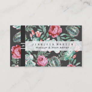 Carte De Visite Roses roses et motif succulent de cactus sur le