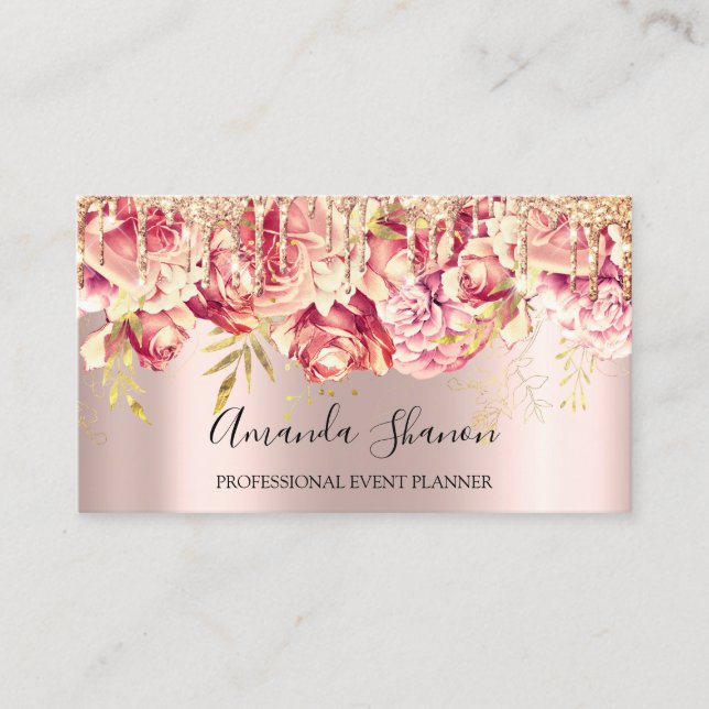 Carte De Visite Roses roses Fleurs Brown Drip QR CODE Logo (Devant)