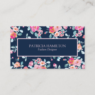 Carte De Visite Roses roses vibrants sur fond bleu marine