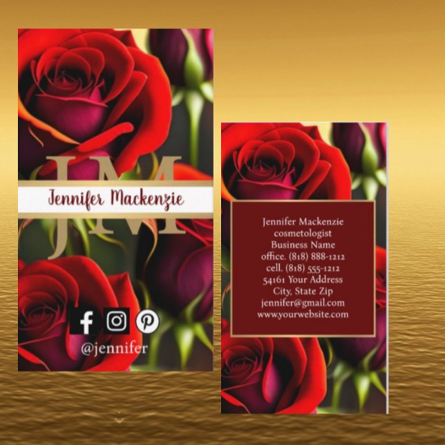 Carte De Visite Roses Rouges Élégantes Or (Créateur téléchargé)