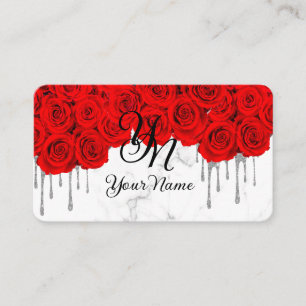 Carte De Visite Roses Rouges Marbre Initiale