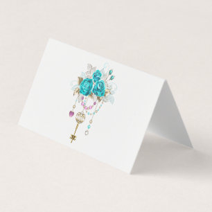 Carte De Visite Roses Turquoise avec Clés