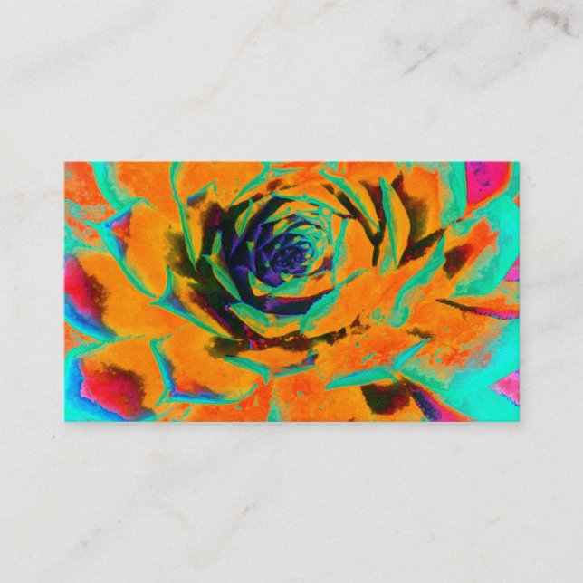 Carte De Visite Rosette Succulente Aquamarine et Orange (Devant)