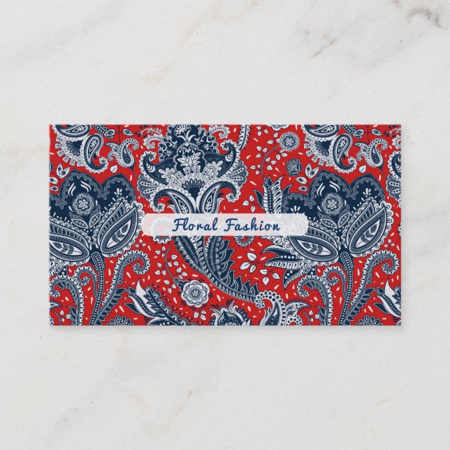 Carte De Visite Rouge Blanc & Bleu Floral Paisley Bohème Boho (Devant)