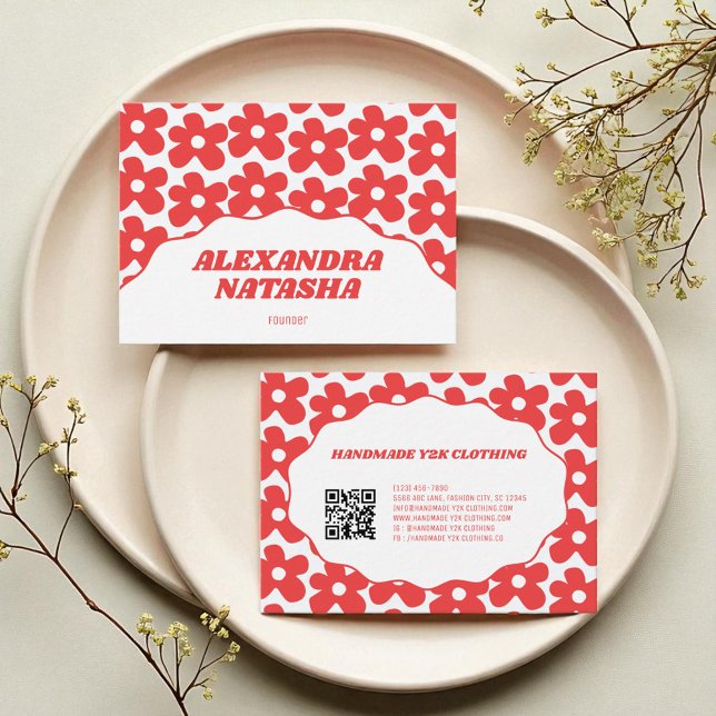 Carte De Visite Rouge Blanc Fleur Y2K Vêtements faits main (Red White Y2K Flower Handmade Clothing Business Card)