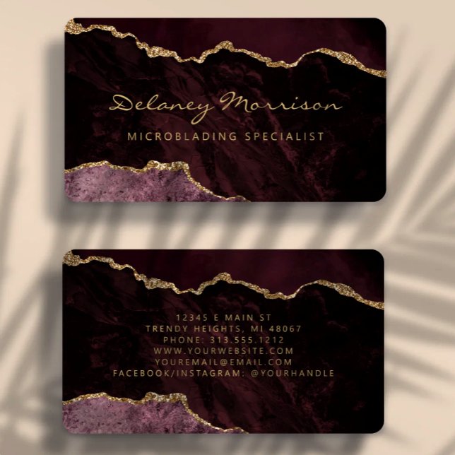 Carte De Visite Rouge Bourgogne Or Agate Microblading Arrondi (Créateur téléchargé)