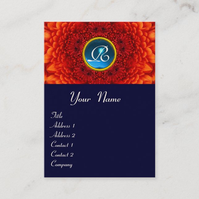 Carte De Visite ROUGE  DAHLIA  MONOGRAMME, BLEU SAPHIR  jaune (Devant)