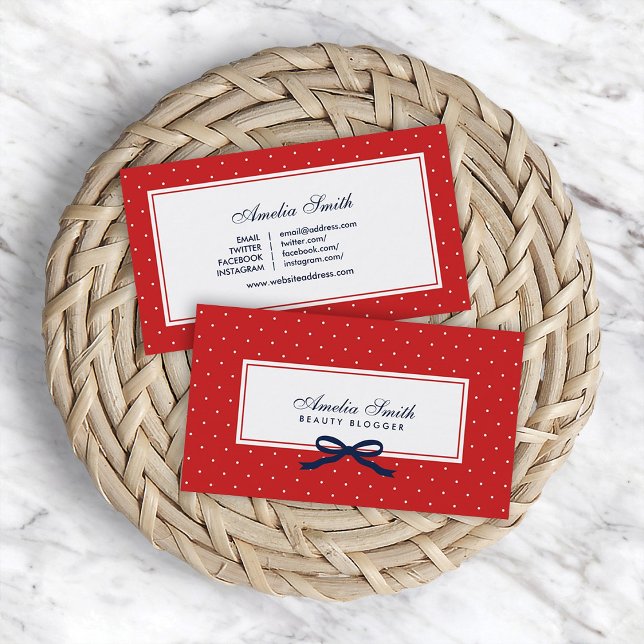 Carte De Visite Rouge et blanc Polka Dot Bleu Ruban Social Media (Créateur téléchargé)