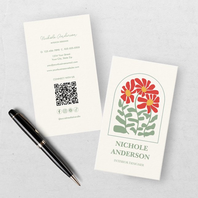 Carte De Visite Rouge et Vert Floral Rétro  (Créateur téléchargé)