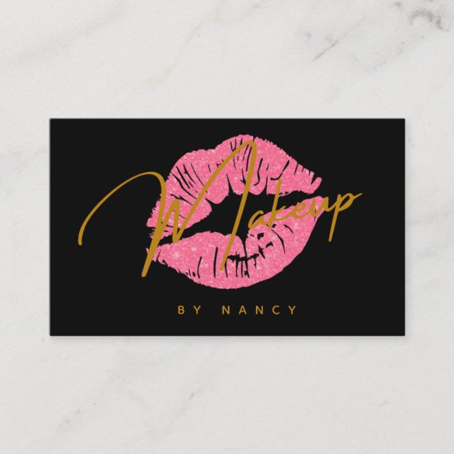 Carte De Visite Rouge Lips & Gold Artiste de maquillage de script  (Devant)
