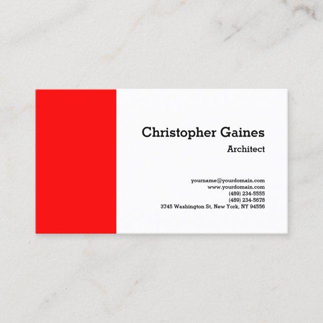 Carte De Visite Rouge Noir Blanc Simple Plain Architecte Classique (Devant)