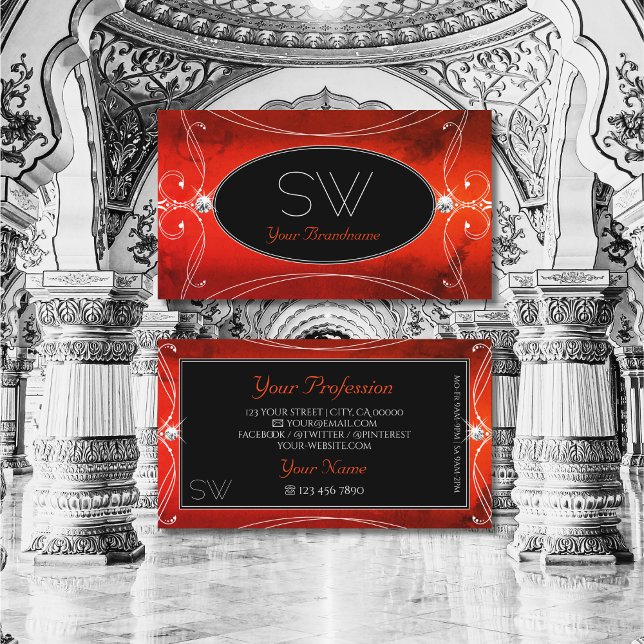 Carte De Visite Rouge Noir Squigglé Ornate Bijoux étincelants Init (Créateur téléchargé)