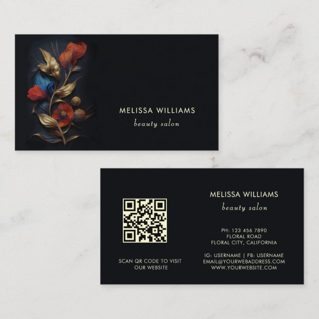 Carte De Visite Rouge Or 3 D Fleurs Noir  (Devant / Derrière)
