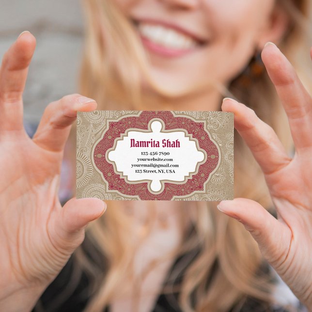 Carte De Visite Rouge or élégant Damask moderne Motif Paisleys (Créateur téléchargé)