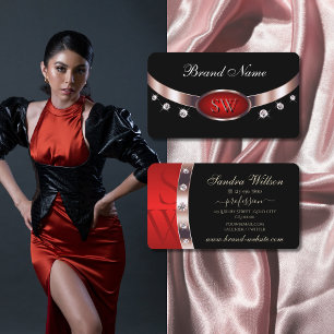 Carte De Visite Rouge or Rose noir de luxe avec diamants Monogram