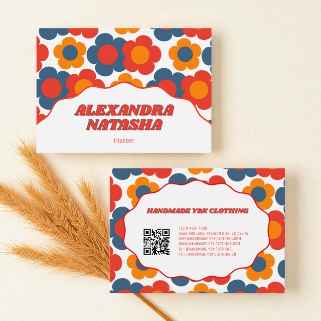 Carte De Visite Rouge Orange Bleu Fleur Y2K Vêtements faits main (Red Orange Blue Y2K Flower Handmade Clothing Business Card)