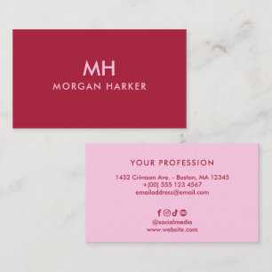 Carte De Visite Rouge Rose Bicolore Minimaliste Monogramme Propre