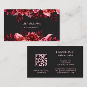 Carte De Visite Rouge rose Floral noir l QR Code