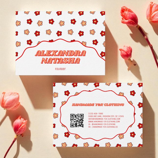 Carte De Visite Rouge rose Y2K Fleur habillement artisanal (Red Pink Y2K Flower Handmade Clothing Business Card)
