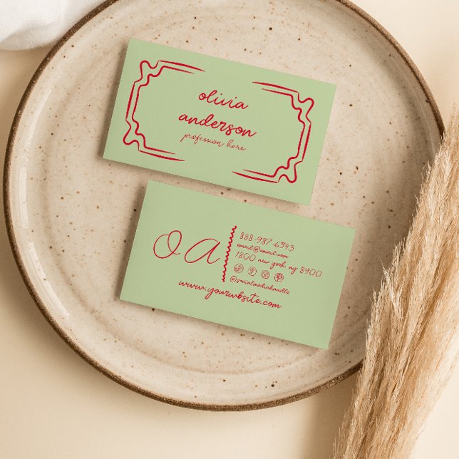 Carte De Visite Rouge rouge rétro dessiné à la main fille unique (Créateur téléchargé)