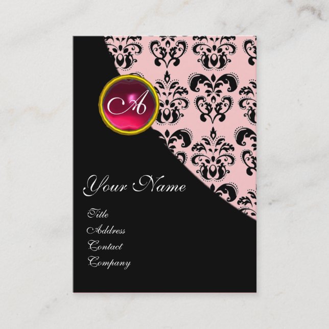 Carte De Visite ROUGE RUBIS DAMASSÉ MONOGRAMME rose fuchsia (Devant)