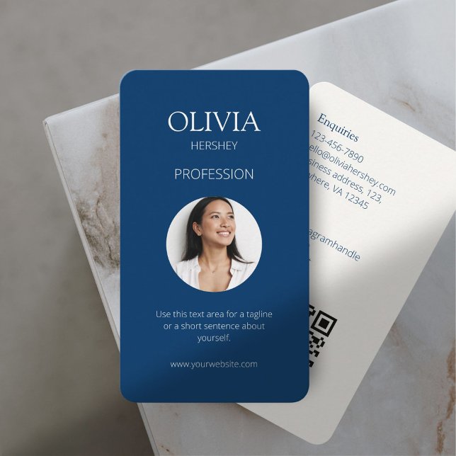 Carte De Visite Royal Blue & Creamy Ivory Photo Social QR Code (Créateur téléchargé)