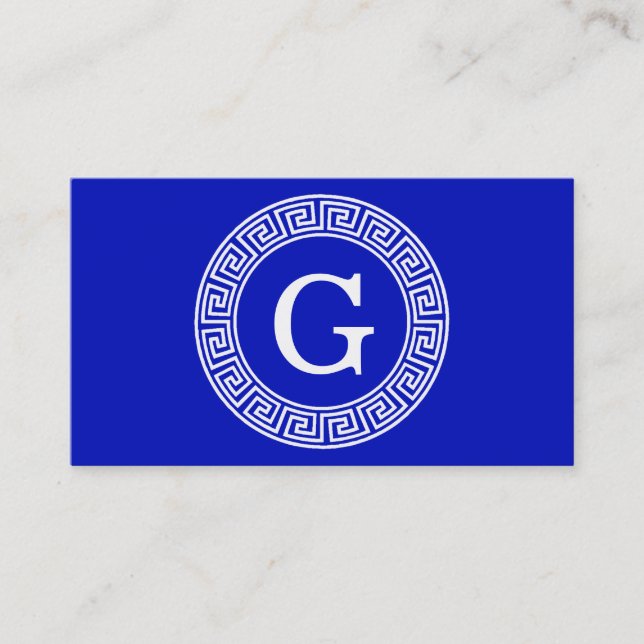 Carte De Visite Royal Blue Wt Grèce clé cadre de ligne initiale Mo (Devant)