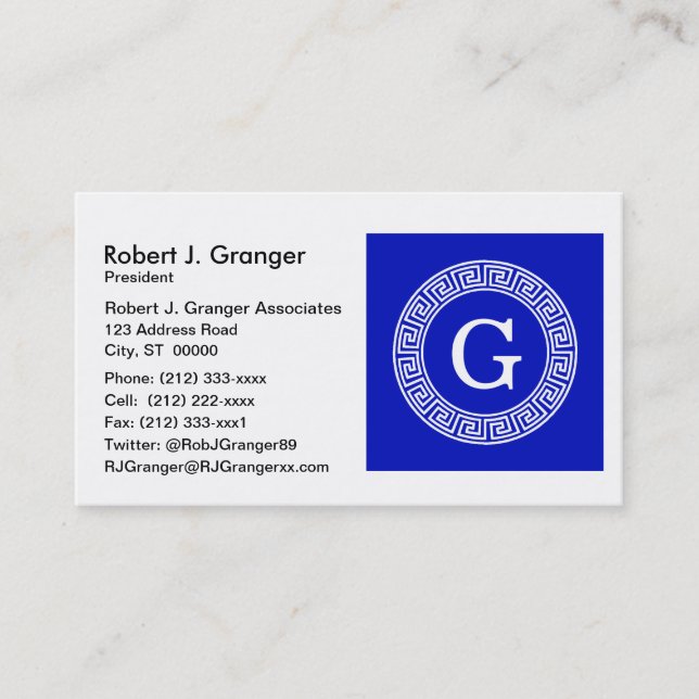Carte De Visite Royal Blue Wt Grèce clé cadre de ligne initiale Mo (Devant)