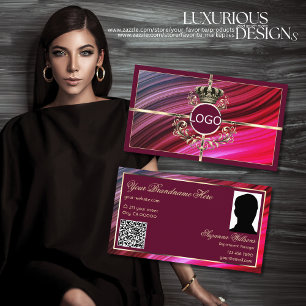 Carte De Visite Royal Pink Burgundy Gold Crown Logo Photo QR Code