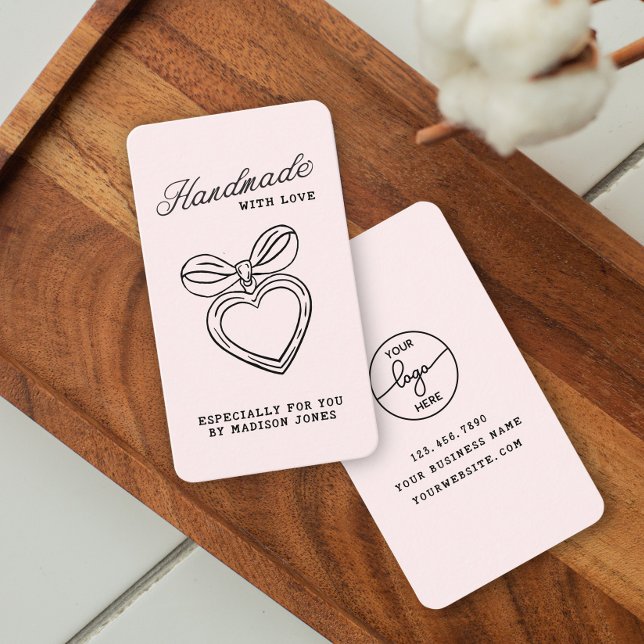 Carte De Visite Ruban à coeur de script fait main avec amour (Créateur téléchargé)