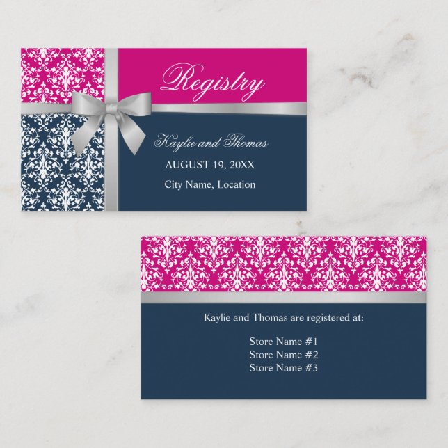 Carte De Visite Ruban Faux Argent Damassé Bleu Nuit Fuchsia Insert (Devant / Derrière)