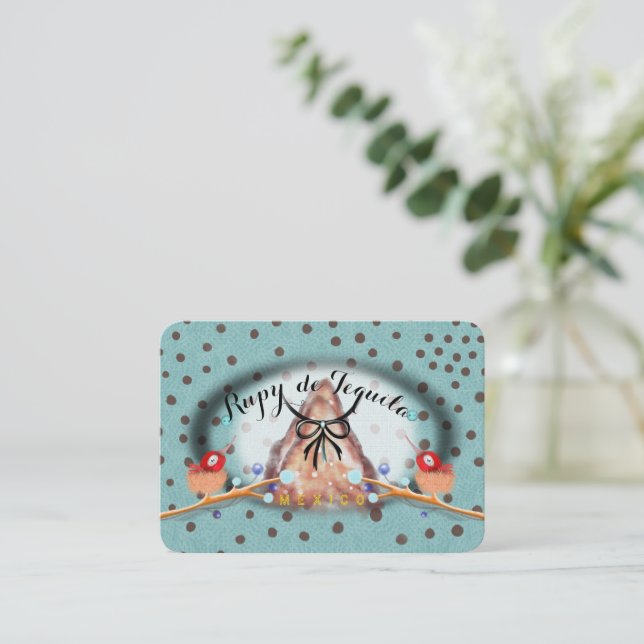 Carte De Visite ruban turquoise oiseaux nid pois (Debout devant)