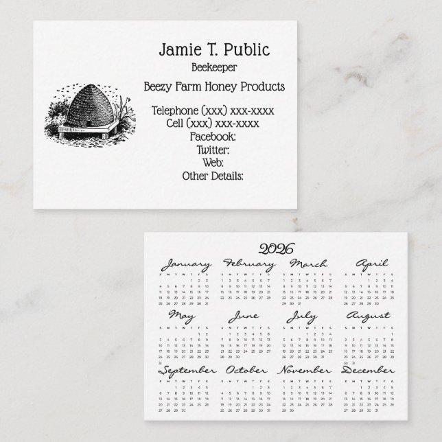 Carte De Visite Ruche et Abeilles & Calendrier de l'année 2026 (Devant / Derrière)