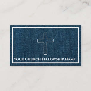 Carte De Visite Rugueux Bleu Denim Croix Contour Église Pasteur