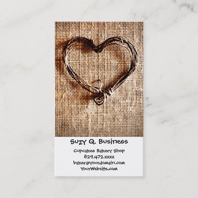 Carte De Visite Rustic Country Twine Heart on Burlap Imprimer (Devant)