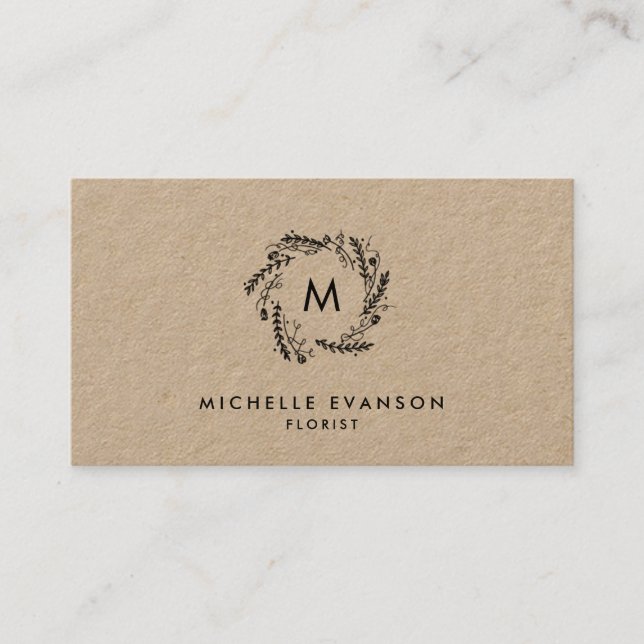 Carte De Visite Rustic Monogram Black Floral Wreath Kraft Florist (Devant)